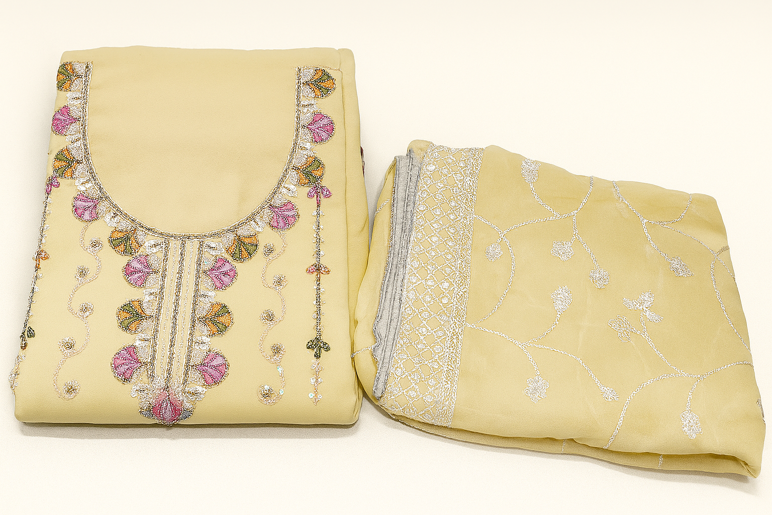 Pastel Yellow Embroidered Organza Pakistani Unstitched Suit Set